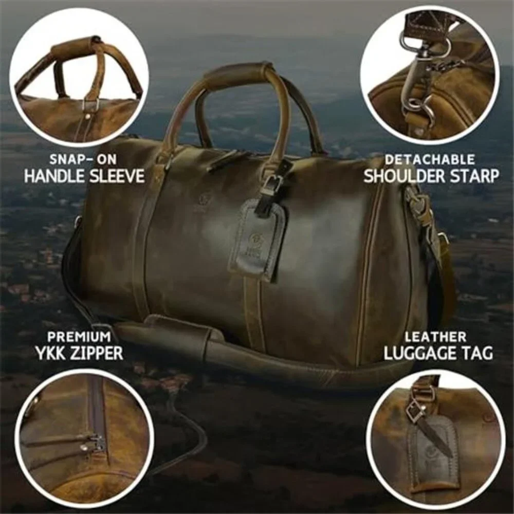 Men's Leather Duffle Bag Full Grain Leather Travel Bag, 20 inch